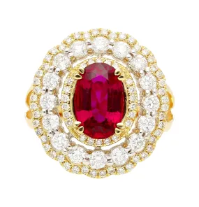 2.58 Carat Oval Thai Ruby & Triple Diamond Halo Retro Wide Frame Ring