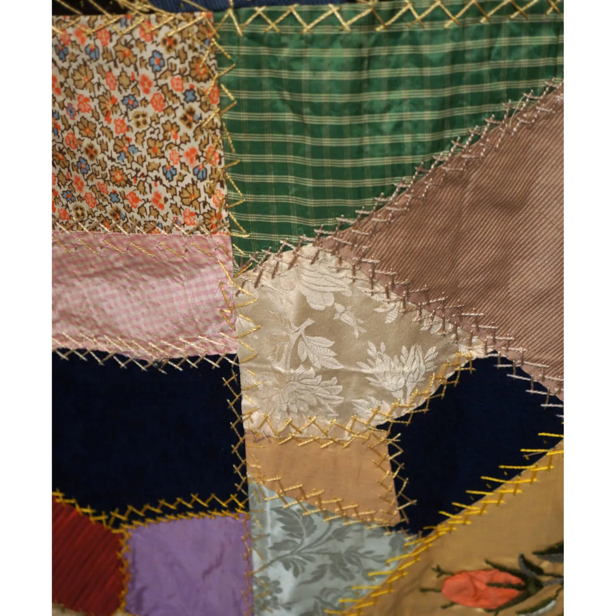 Antique Victorian Crazy Quilt Velvets Woven Silks Cats Mice Dwarves 55 x 72 1890