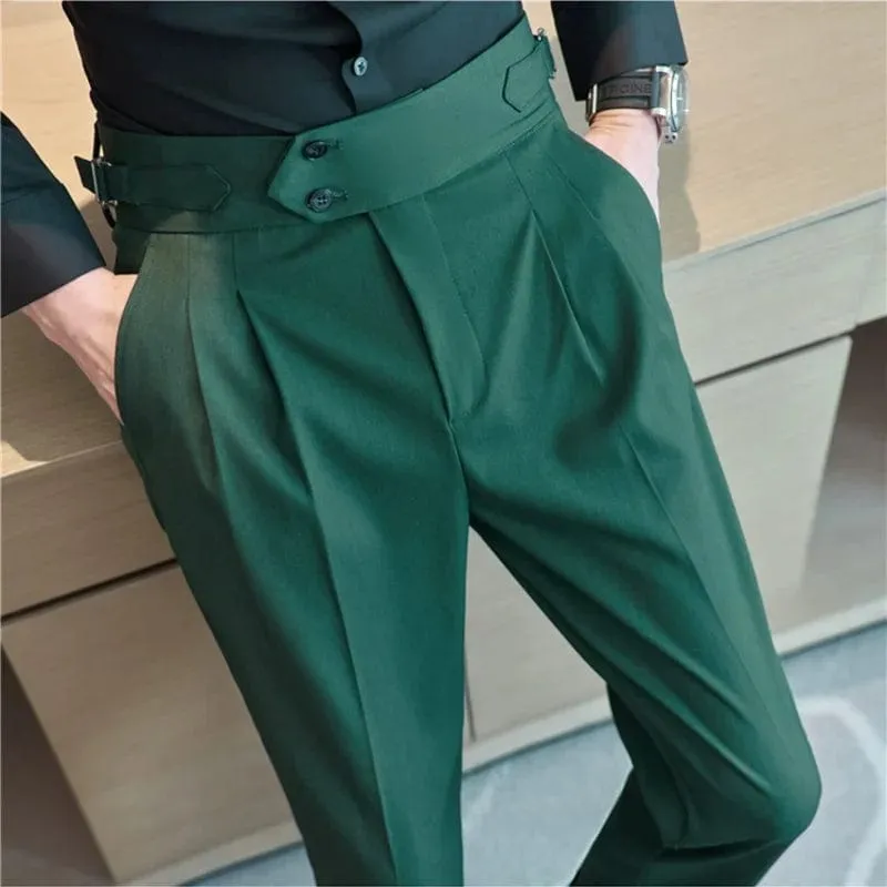 British Style Men's High Waist Ankle Length Smart Dress Pant Belt Design Slim Trousers