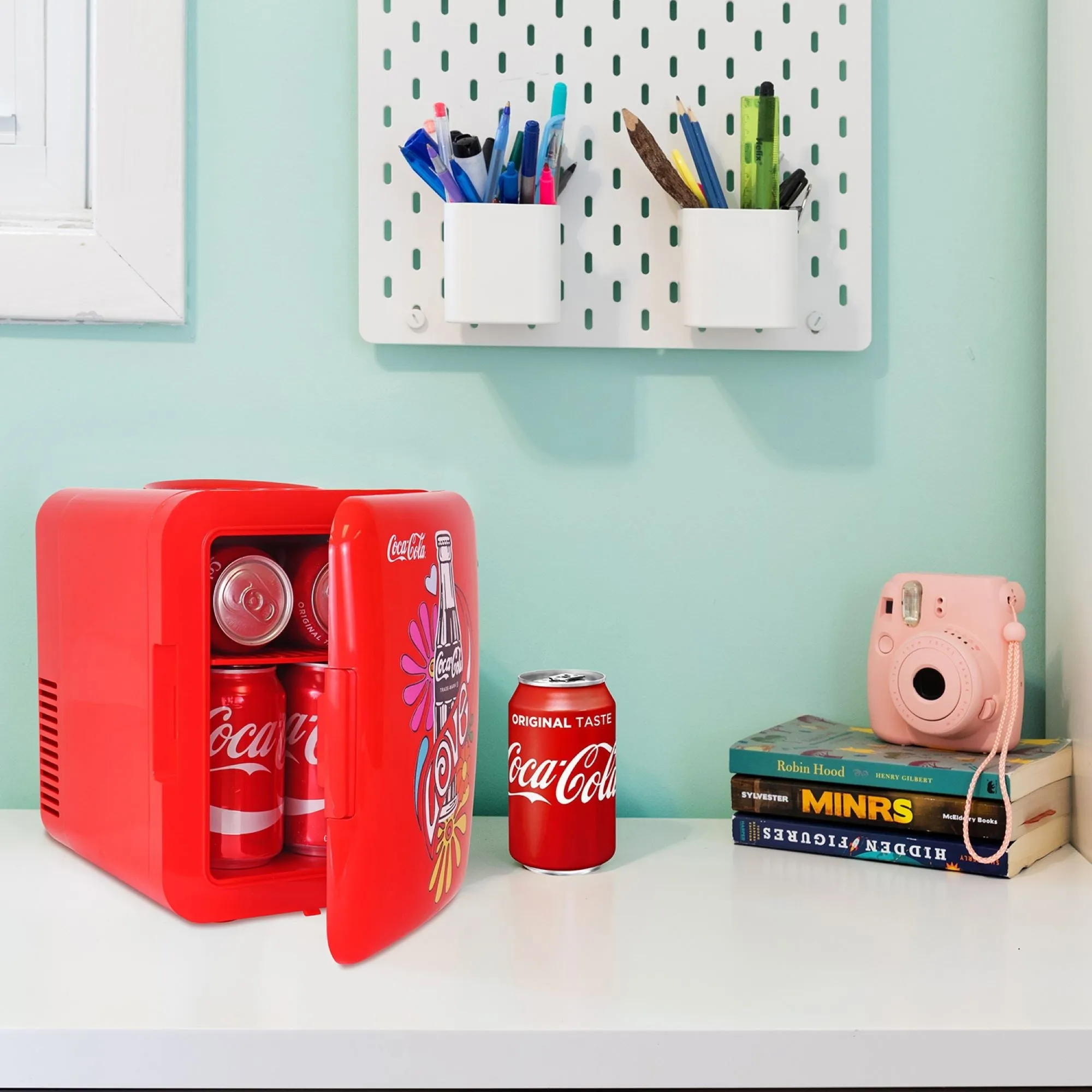 Coca-Cola Love 1971 Series 4L Cooler/Warmer w/ 12V DC and 110V AC Cords, 6 Can Portable Mini Fridge, Personal Travel Refrigerator for Snacks Lunch Drinks Cosmetics, Desk Home Office Dorm Travel, Red