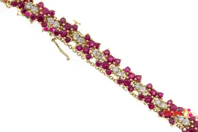 Diamond & Natural Ruby Gemstone 14k 585 Yellow Clover Flower Tennis Bracelet