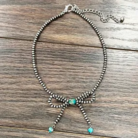 Handmade Silver Pearl Turquoise Gemstone Bow Necklace