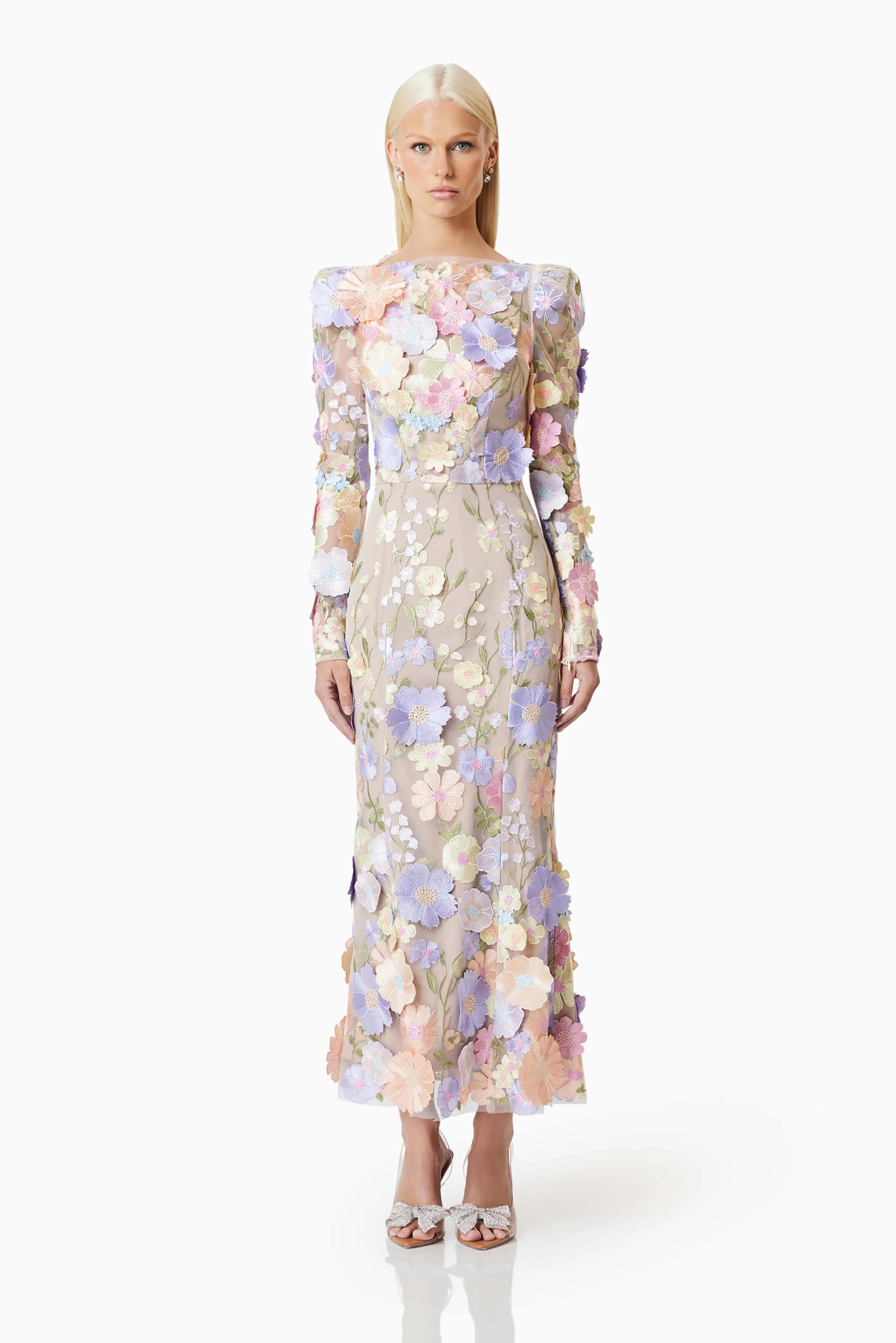 Shannon 3D Floral Midi Dress In Purple